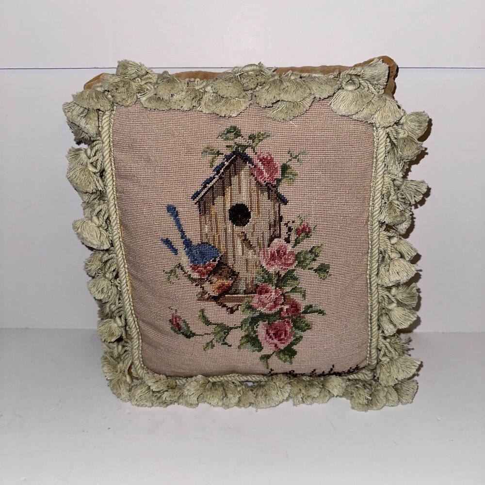 Needlepoint Pillow Birdhouse Blue Birds Carolyn Wright 13" X 11" Tassel Trim